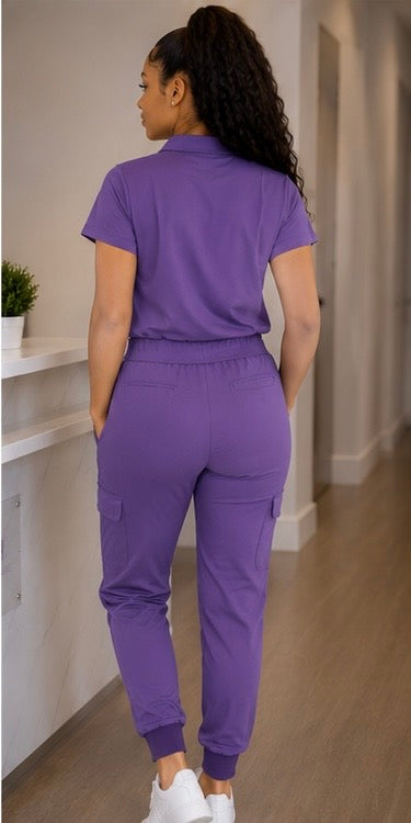 Women's Premium Zip Scrub Set – Quarter-Zip Collar & Cargo Jogger | LeisureVybz™ FlexZip