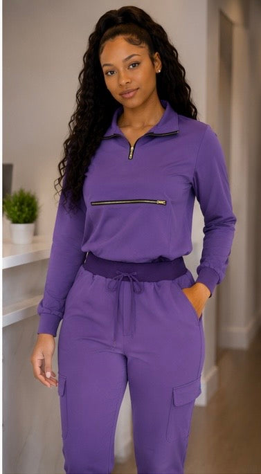 Women's Premium Zip Scrub Set – Quarter-Zip Collar & Cargo Jogger | LeisureVybz™ FlexZip