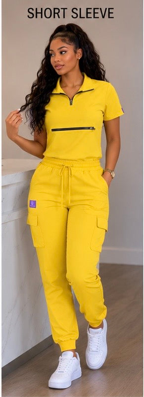 Women's Premium Zip Scrub Set – Quarter-Zip Collar & Cargo Jogger | LeisureVybz™ FlexZip