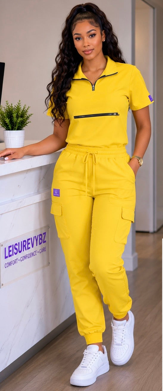 Women's Premium Zip Scrub Set – Quarter-Zip Collar & Cargo Jogger | LeisureVybz™ FlexZip